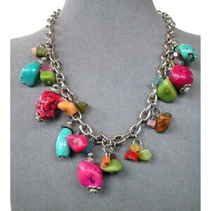 Chunky Multicolor Stone Beaded Silver Chain Necklace 16" With 2.5" Extender
